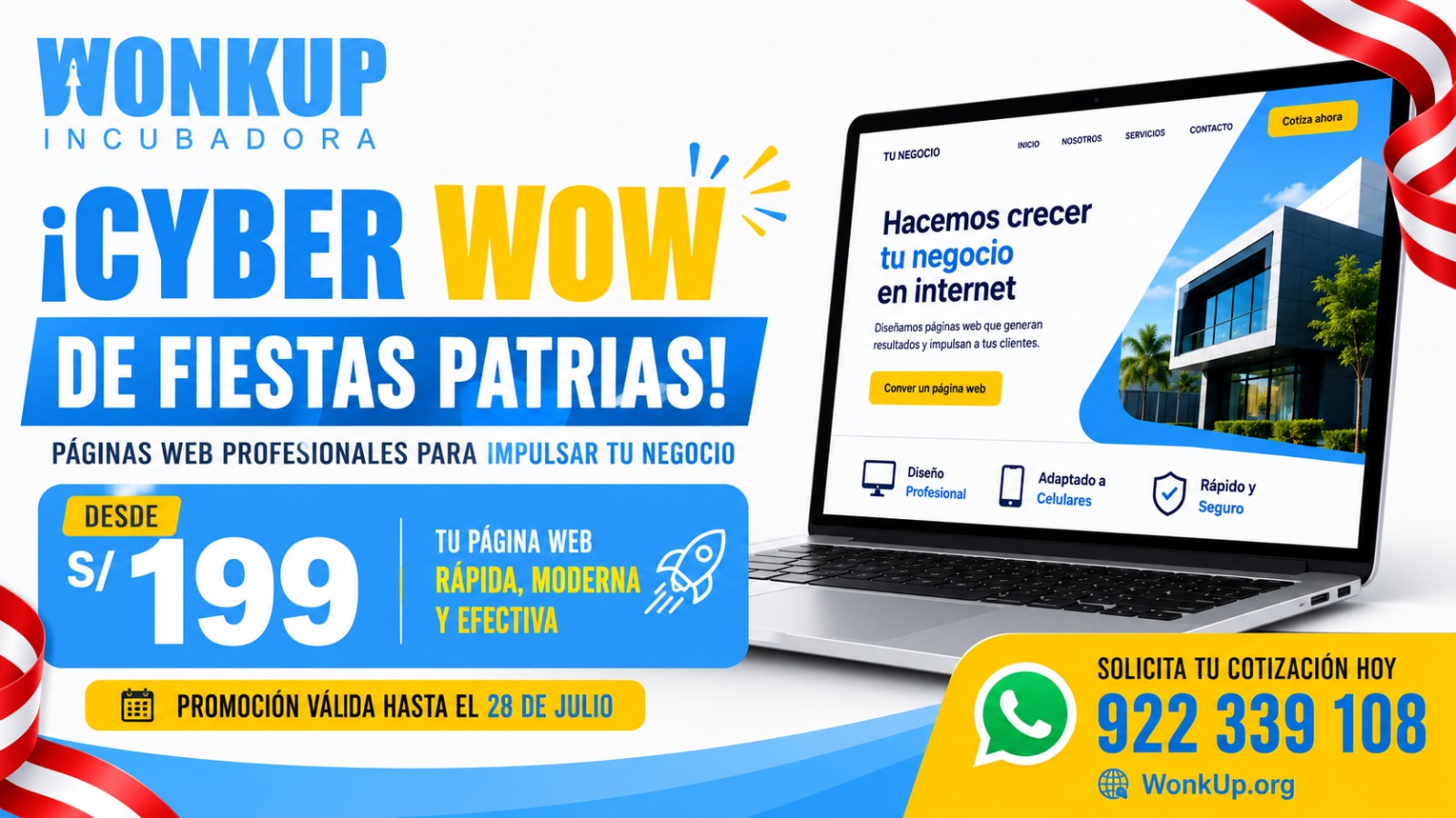 Cyber Wow de Fiestas Patrias: páginas web profesionales desde S/ 199. Solicita tu cotización al 921 776 591.